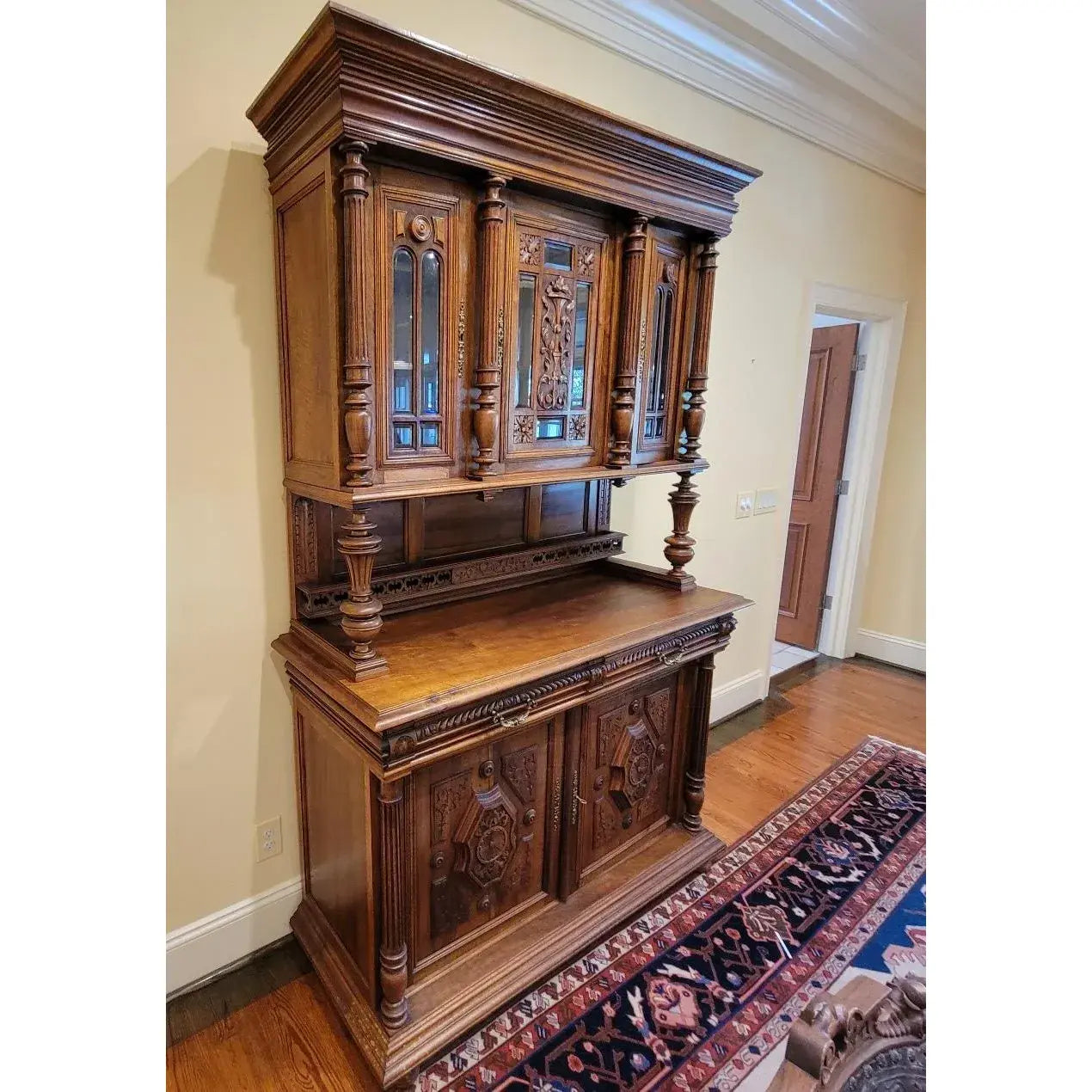 19th Century Belgian Carved Walnut Hunting Cupboard, Architectural Renaissance Revival Cabinet, Belgium, Circa 1880
