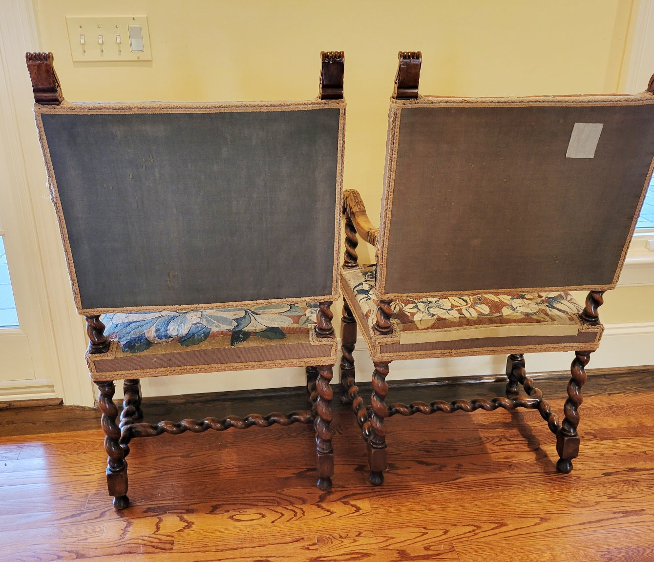 Pair of Antique Flemish Baroque Armchairs with 17th Century Tapestry Upholstery