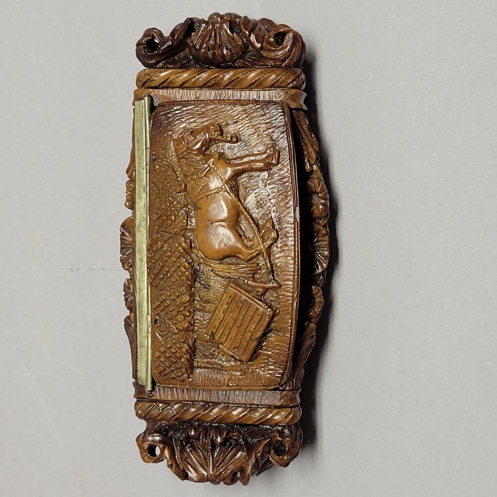Antique French Coquilla Nut Snuff Box with Equestrian Scene, Circa 1820