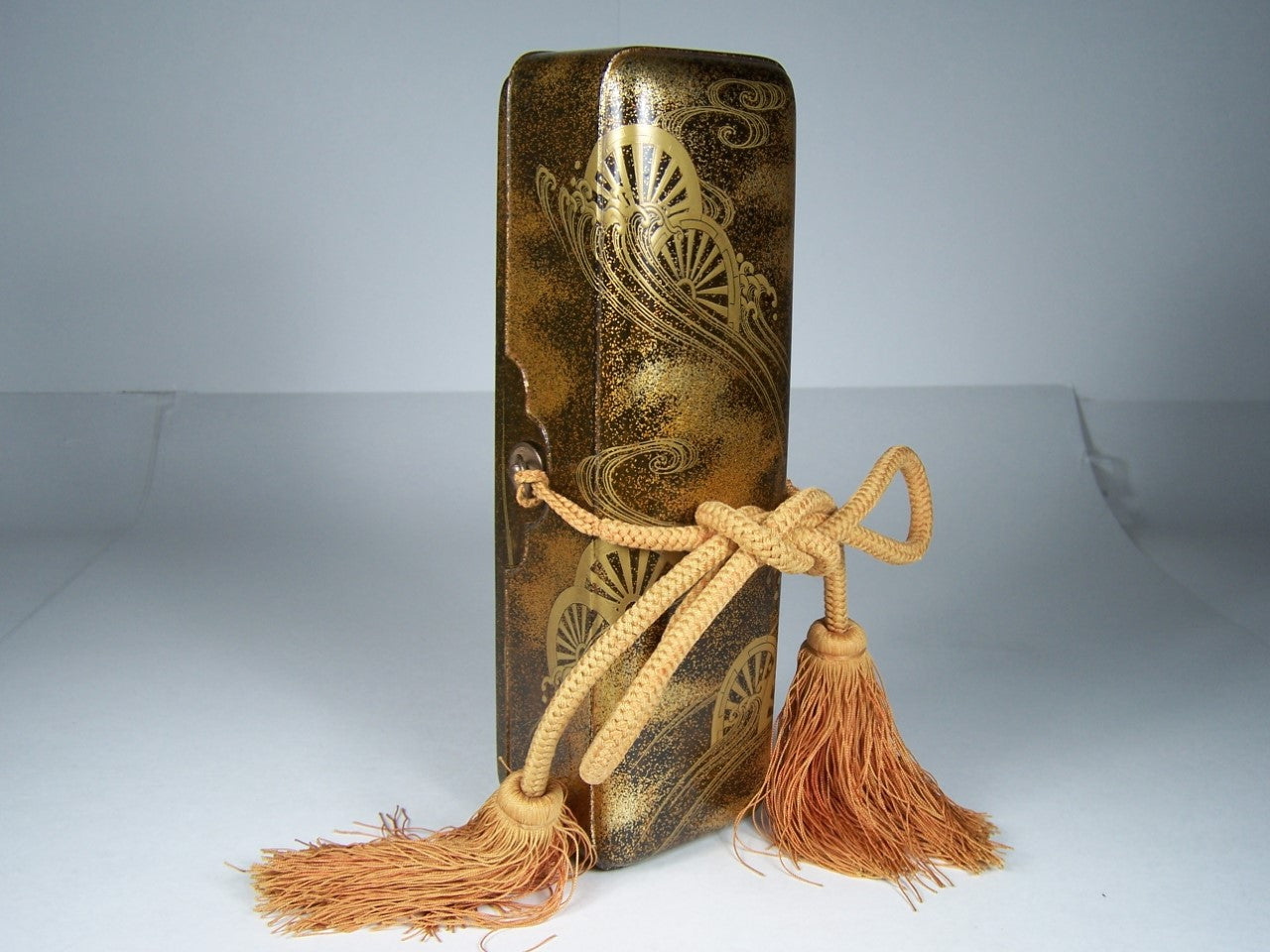 Antique Japanese Edo Period Lacquer Fubako Document Box with Maki-e Wheel Motif, Circa 1800–1850
