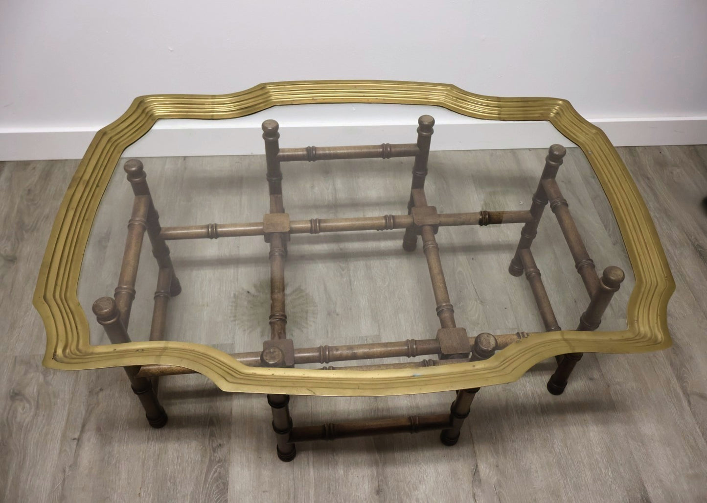Hollywood Regency Faux Bamboo Brass & Glass Coffee Table