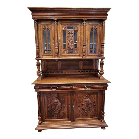 19th Century Belgian Carved Walnut Hunting Cupboard, Architectural Renaissance Revival Cabinet, Belgium, Circa 1880