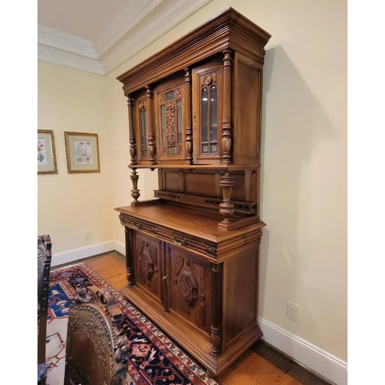 19th Century Belgian Carved Walnut Hunting Cupboard, Architectural Renaissance Revival Cabinet, Belgium, Circa 1880