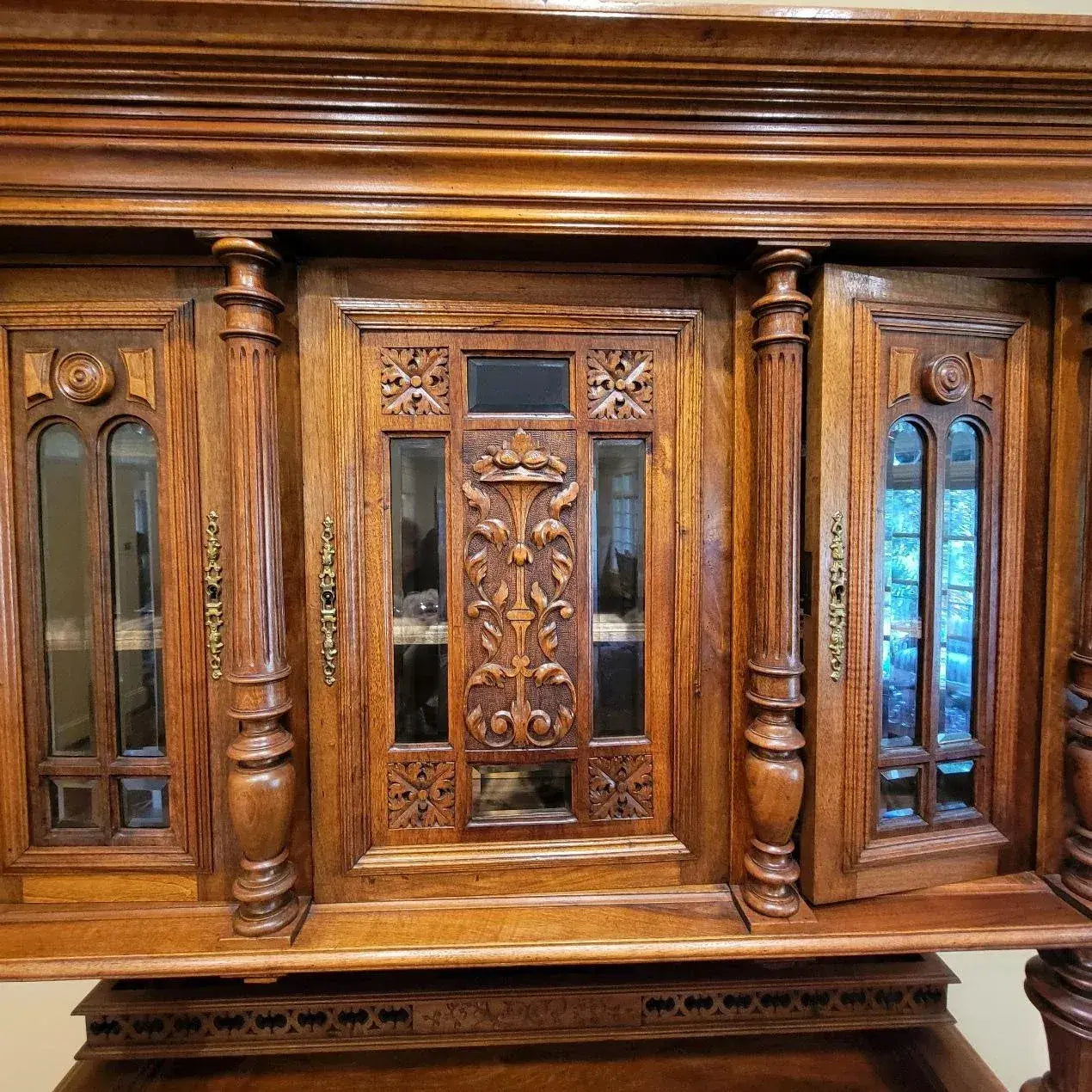 19th Century Belgian Carved Walnut Hunting Cupboard, Architectural Renaissance Revival Cabinet, Belgium, Circa 1880