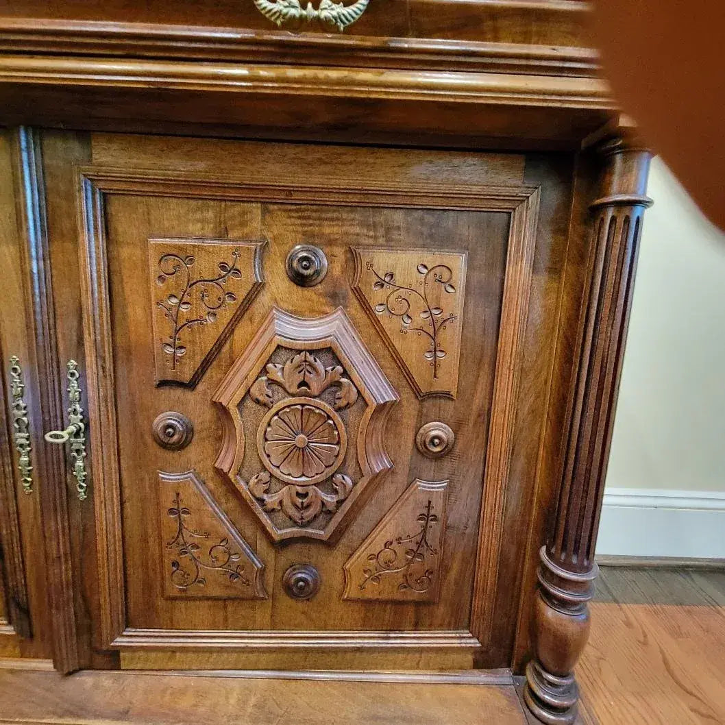 19th Century Belgian Carved Walnut Hunting Cupboard, Architectural Renaissance Revival Cabinet, Belgium, Circa 1880