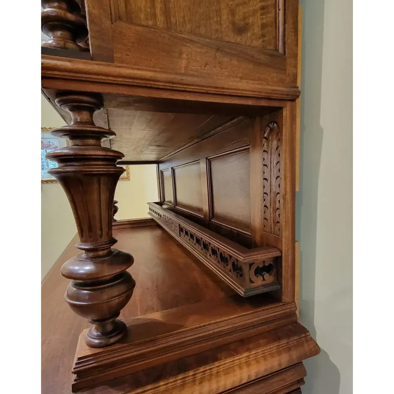 19th Century Belgian Carved Walnut Hunting Cupboard, Architectural Renaissance Revival Cabinet, Belgium, Circa 1880