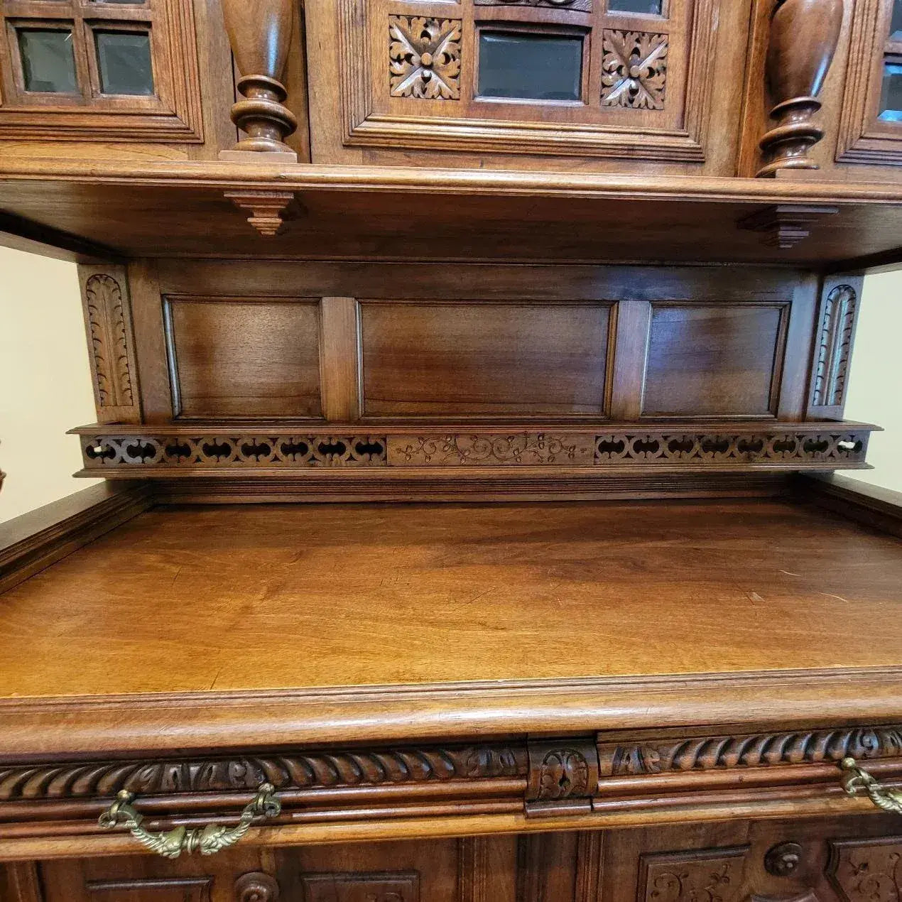 19th Century Belgian Carved Walnut Hunting Cupboard, Architectural Renaissance Revival Cabinet, Belgium, Circa 1880
