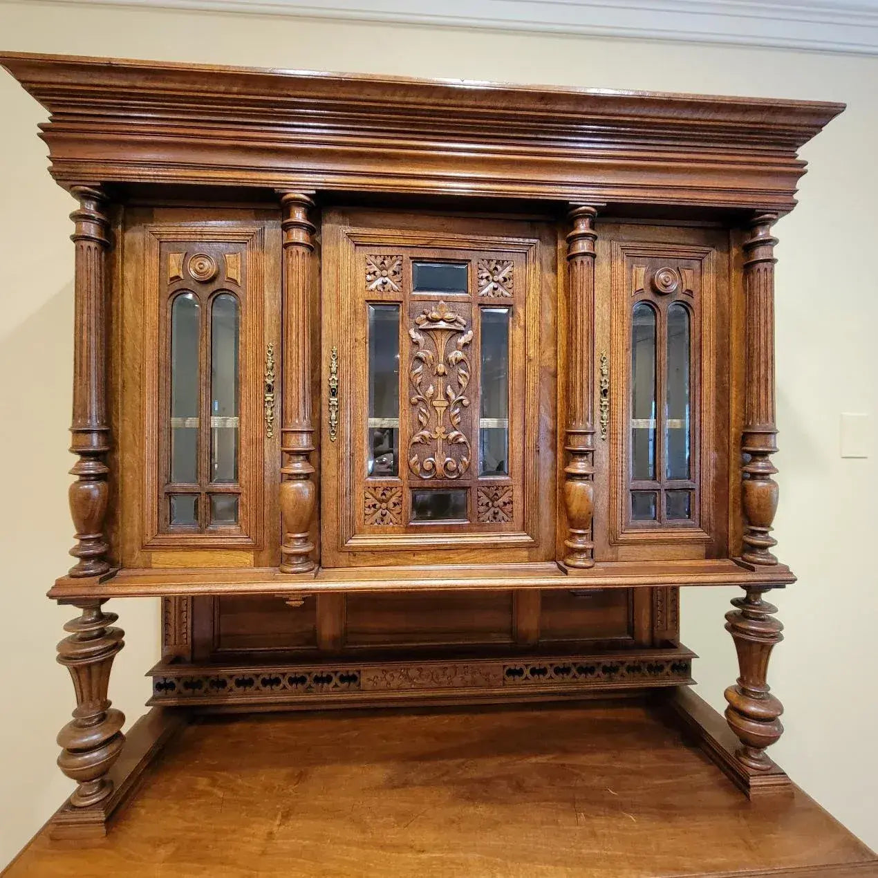 19th Century Belgian Carved Walnut Hunting Cupboard, Architectural Renaissance Revival Cabinet, Belgium, Circa 1880