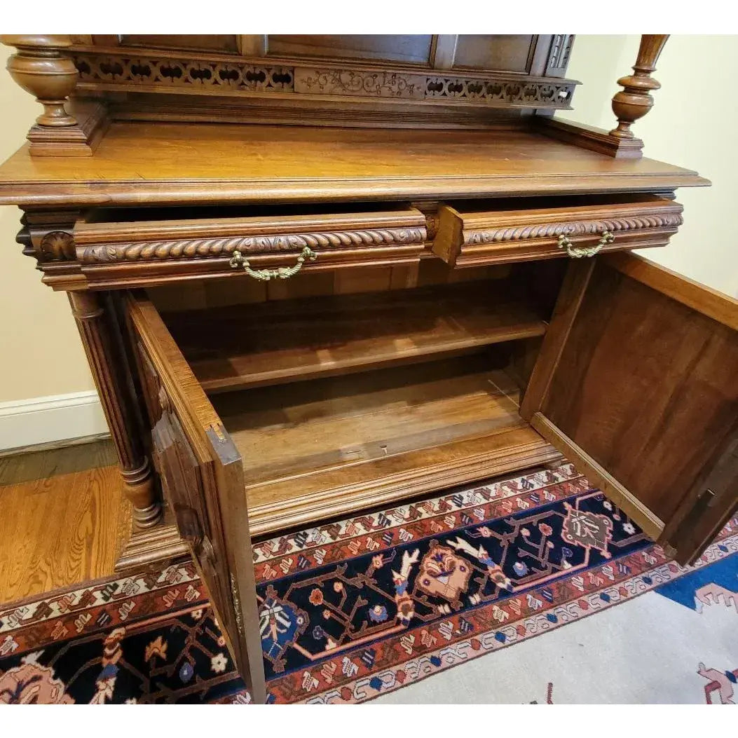 19th Century Belgian Carved Walnut Hunting Cupboard, Architectural Renaissance Revival Cabinet, Belgium, Circa 1880