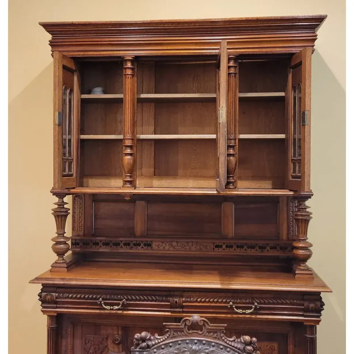19th Century Belgian Carved Walnut Hunting Cupboard, Architectural Renaissance Revival Cabinet, Belgium, Circa 1880