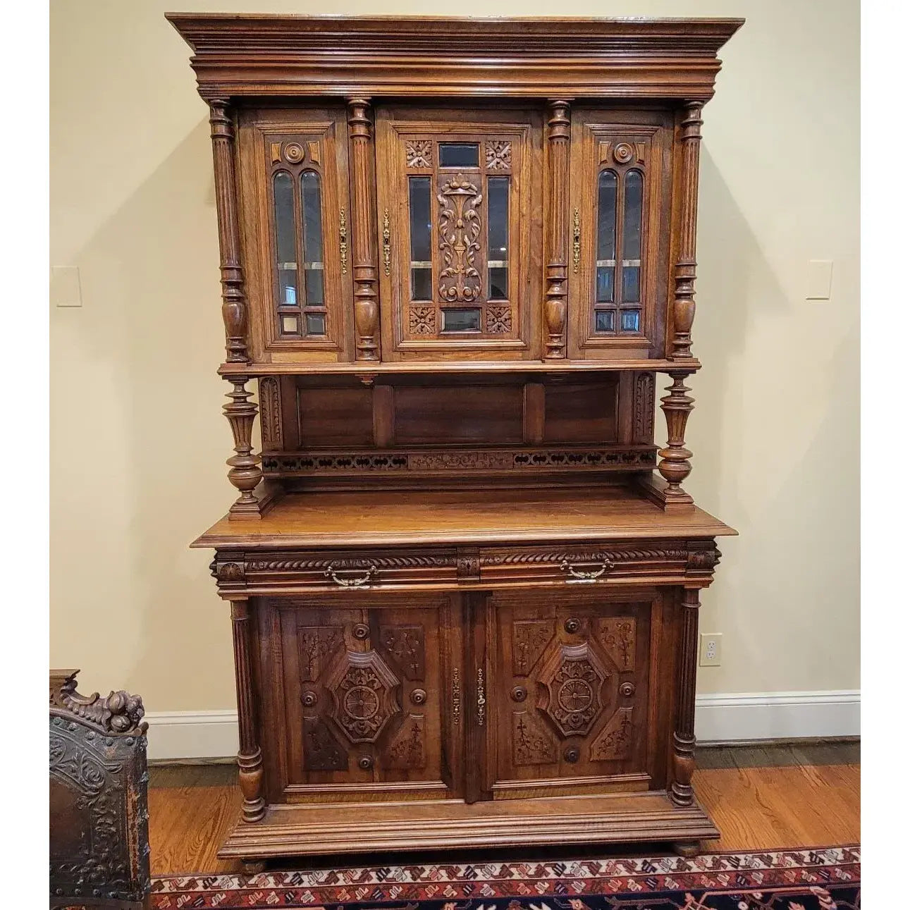 19th Century Belgian Carved Walnut Hunting Cupboard, Architectural Renaissance Revival Cabinet, Belgium, Circa 1880