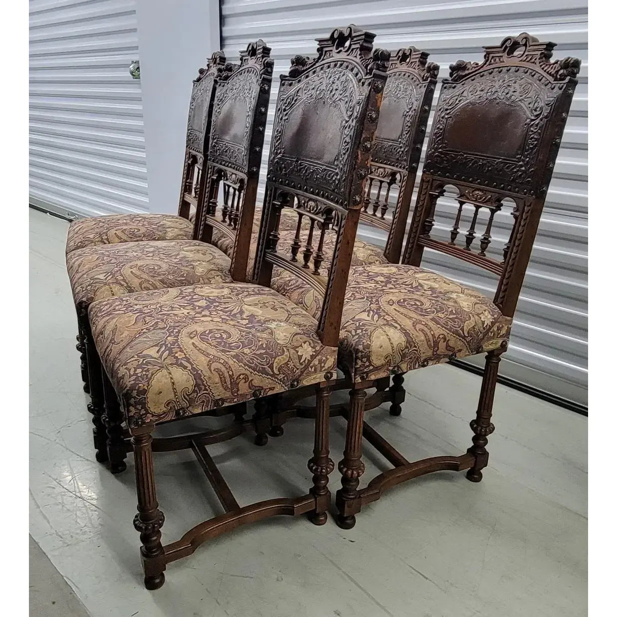 19th Century Belgian Baroque Carved Walnut & Leather Dining Chairs — Set of Eight