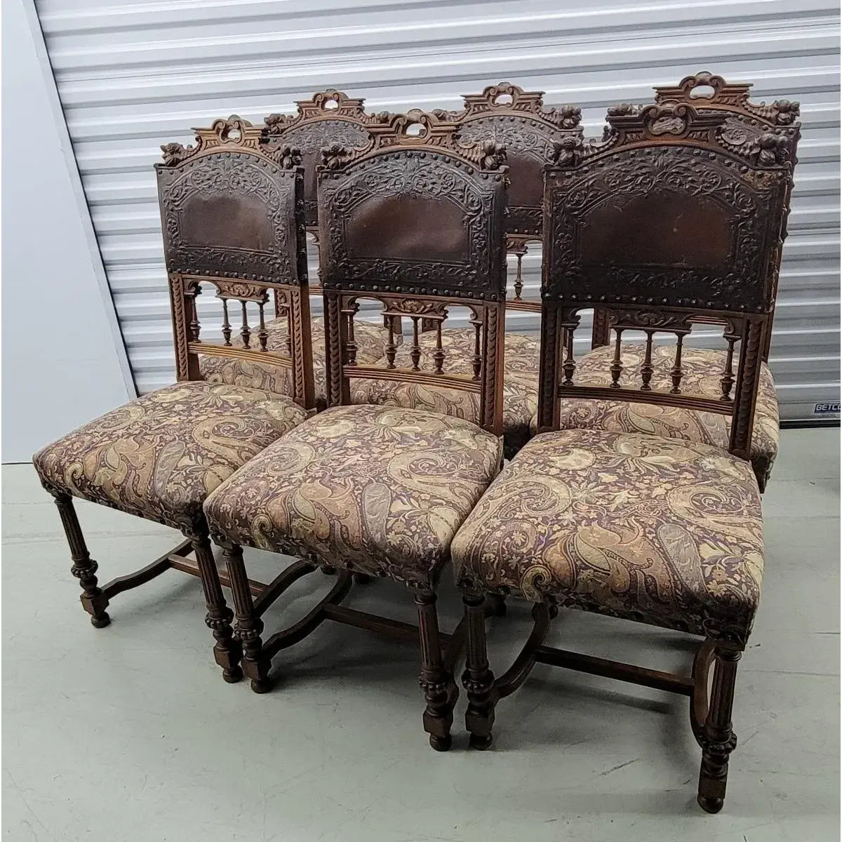 19th Century Belgian Baroque Carved Walnut & Leather Dining Chairs — Set of Eight
