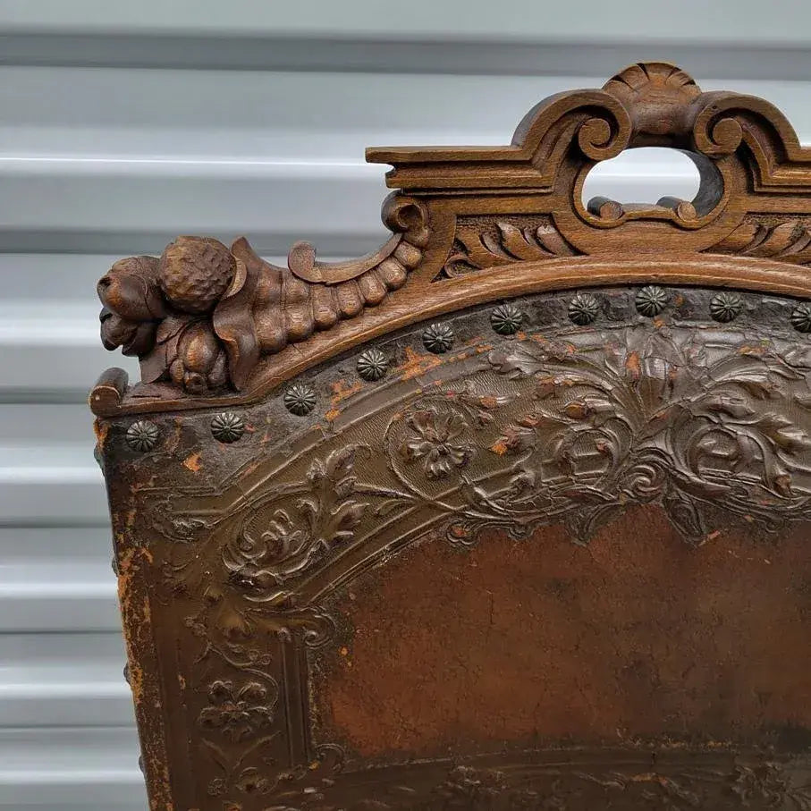 19th Century Belgian Baroque Carved Walnut & Leather Dining Chairs — Set of Eight