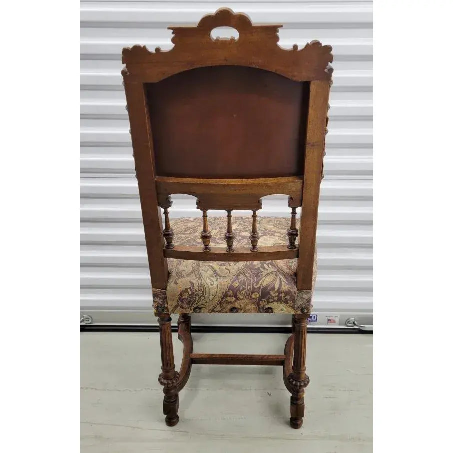 19th Century Belgian Baroque Carved Walnut & Leather Dining Chairs — Set of Eight