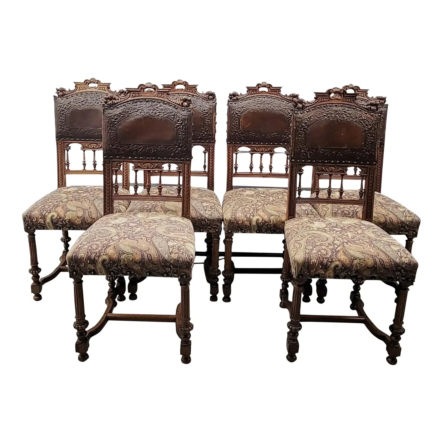 19th Century Belgian Baroque Carved Walnut & Leather Dining Chairs — Set of Eight