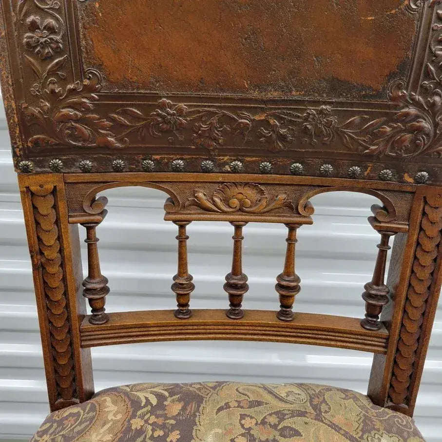 19th Century Belgian Baroque Carved Walnut & Leather Dining Chairs — Set of Eight