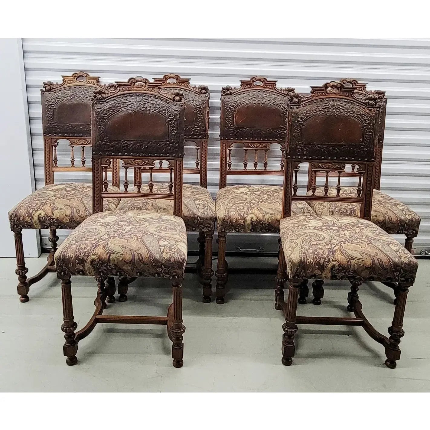 19th Century Belgian Baroque Carved Walnut & Leather Dining Chairs — Set of Eight