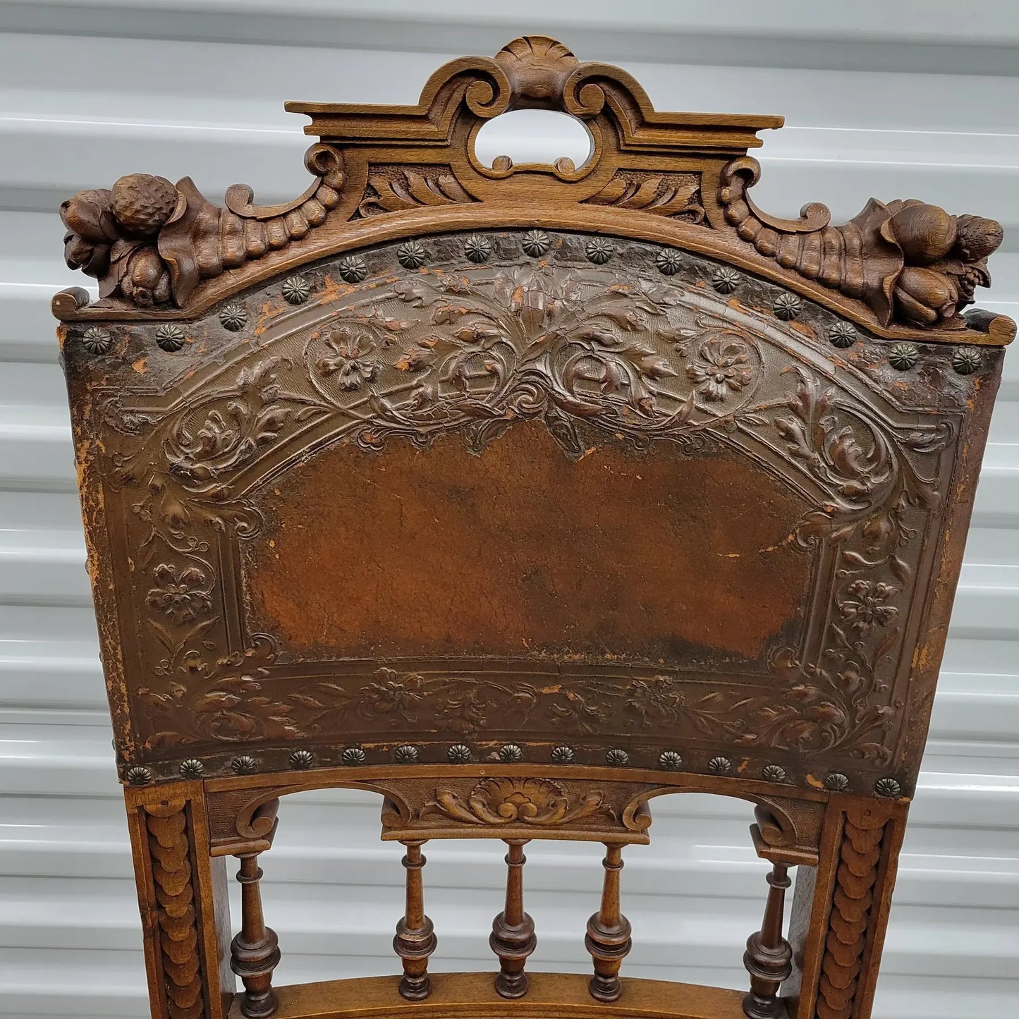 19th Century Belgian Baroque Carved Walnut & Leather Dining Chairs — Set of Eight