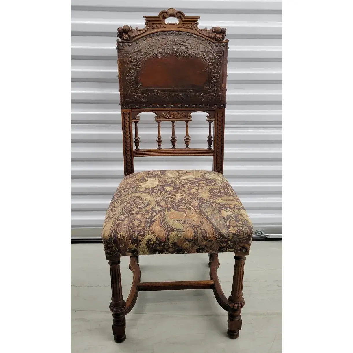 19th Century Belgian Baroque Carved Walnut & Leather Dining Chairs — Set of Eight