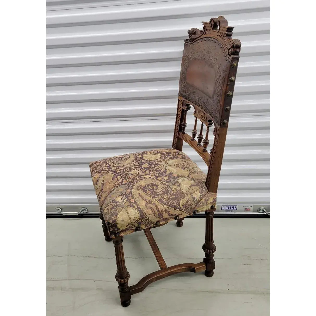 19th Century Belgian Baroque Carved Walnut & Leather Dining Chairs — Set of Eight