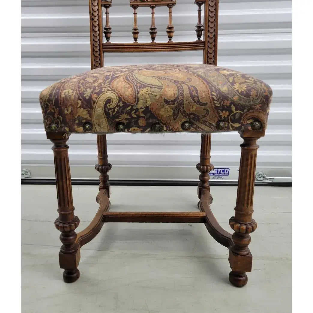 19th Century Belgian Baroque Carved Walnut & Leather Dining Chairs — Set of Eight
