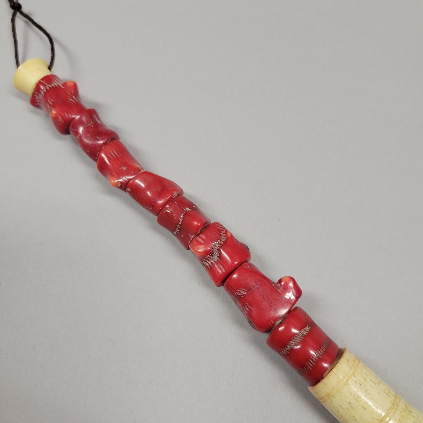 Chinese Calligraphy Brush With Carved Red Coral Handle and Bone Ferrule, Circa 1920–1950