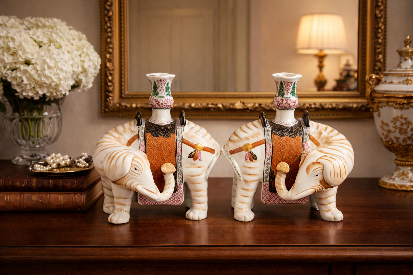 Pair Mottahedeh Porcelain Elephant Candlesticks Winterthur Museum Reproduction, 1970s