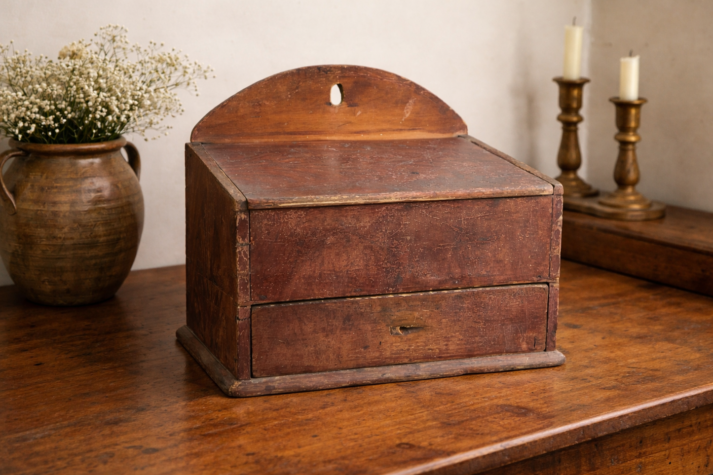Early American Pine Candle Box with Faux Mahogany Grain, Circa 1800
