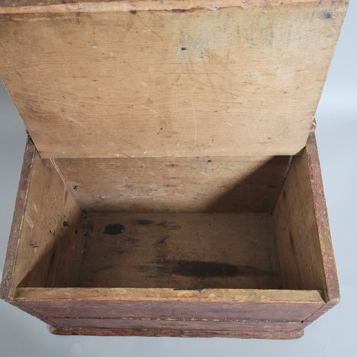 Early American Pine Candle Box with Faux Mahogany Grain, Circa 1800