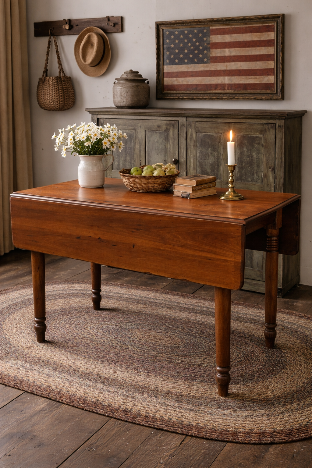 19th Century American Farmhouse Cherry Drop-Leaf Table with Turned Legs