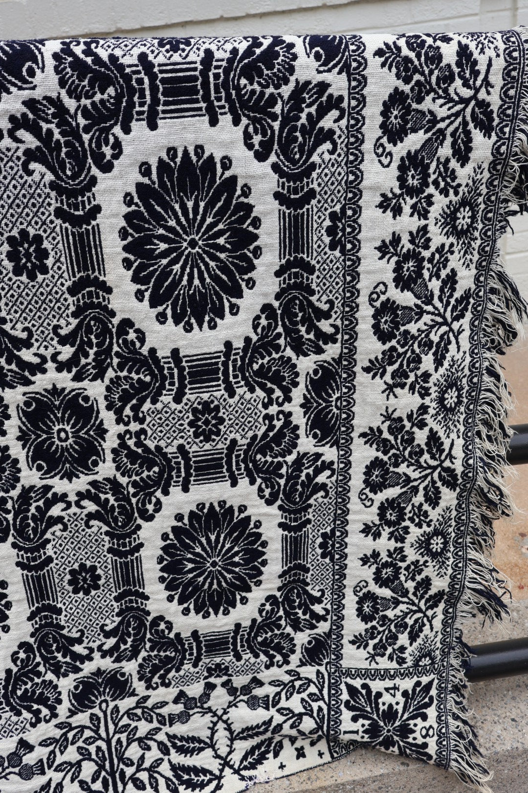 Antique American Reversible Jacquard Coverlet, Wool and Cotton, Dated 1848