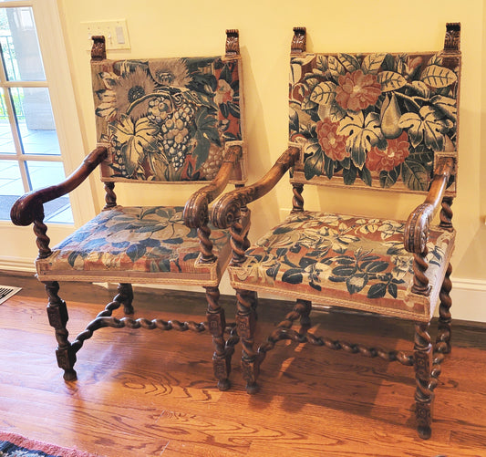 Pair of Antique Flemish Baroque Armchairs with 17th Century Tapestry Upholstery