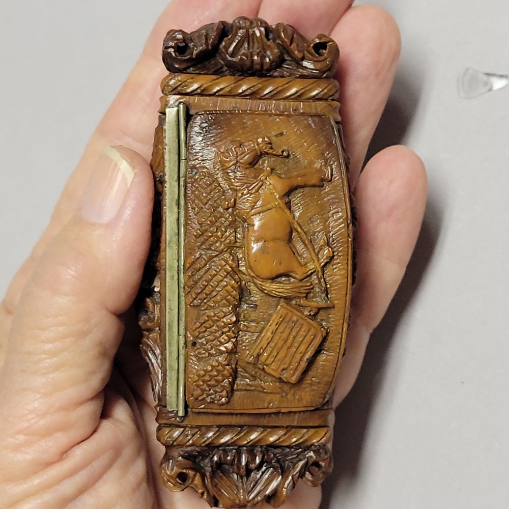 Antique French Coquilla Nut Snuff Box with Equestrian Scene, Circa 1820