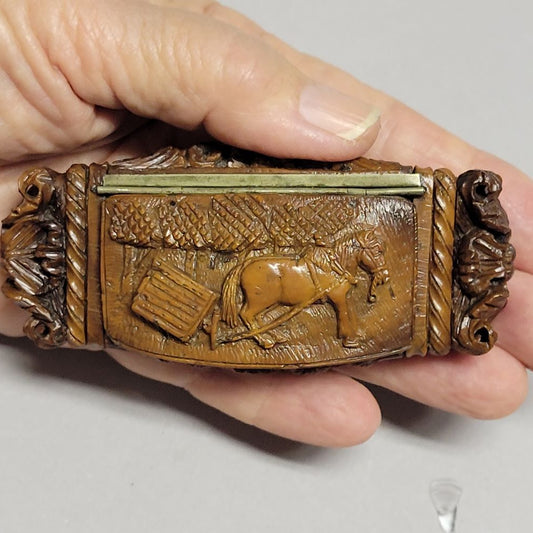 Antique French Coquilla Nut Snuff Box with Equestrian Scene, Circa 1820