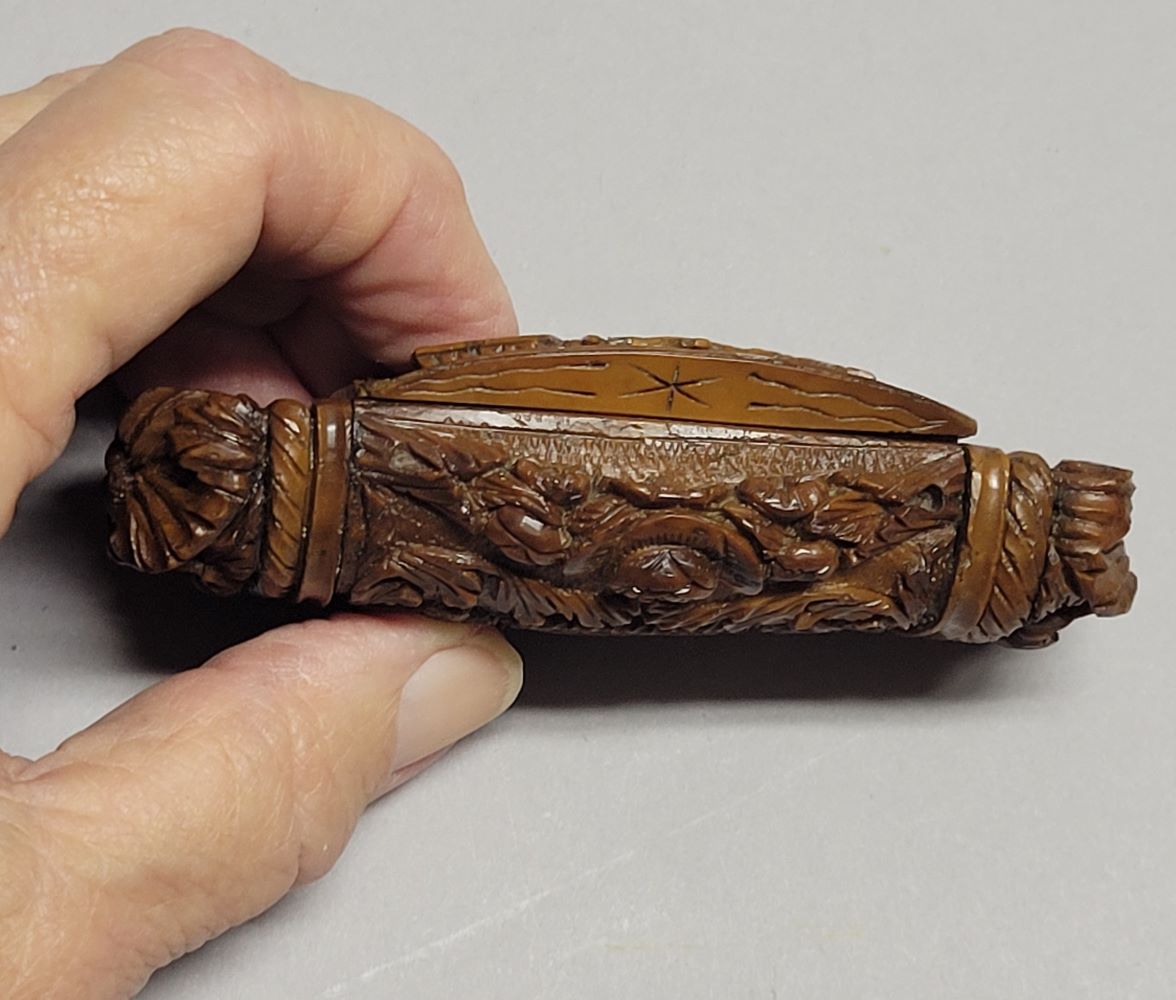 Antique French Coquilla Nut Snuff Box with Equestrian Scene, Circa 1820