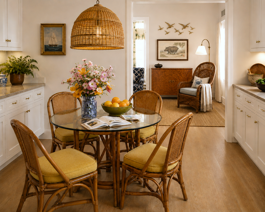 Vintage Organic Modern Rattan Dining Set with Four Swivel Chairs