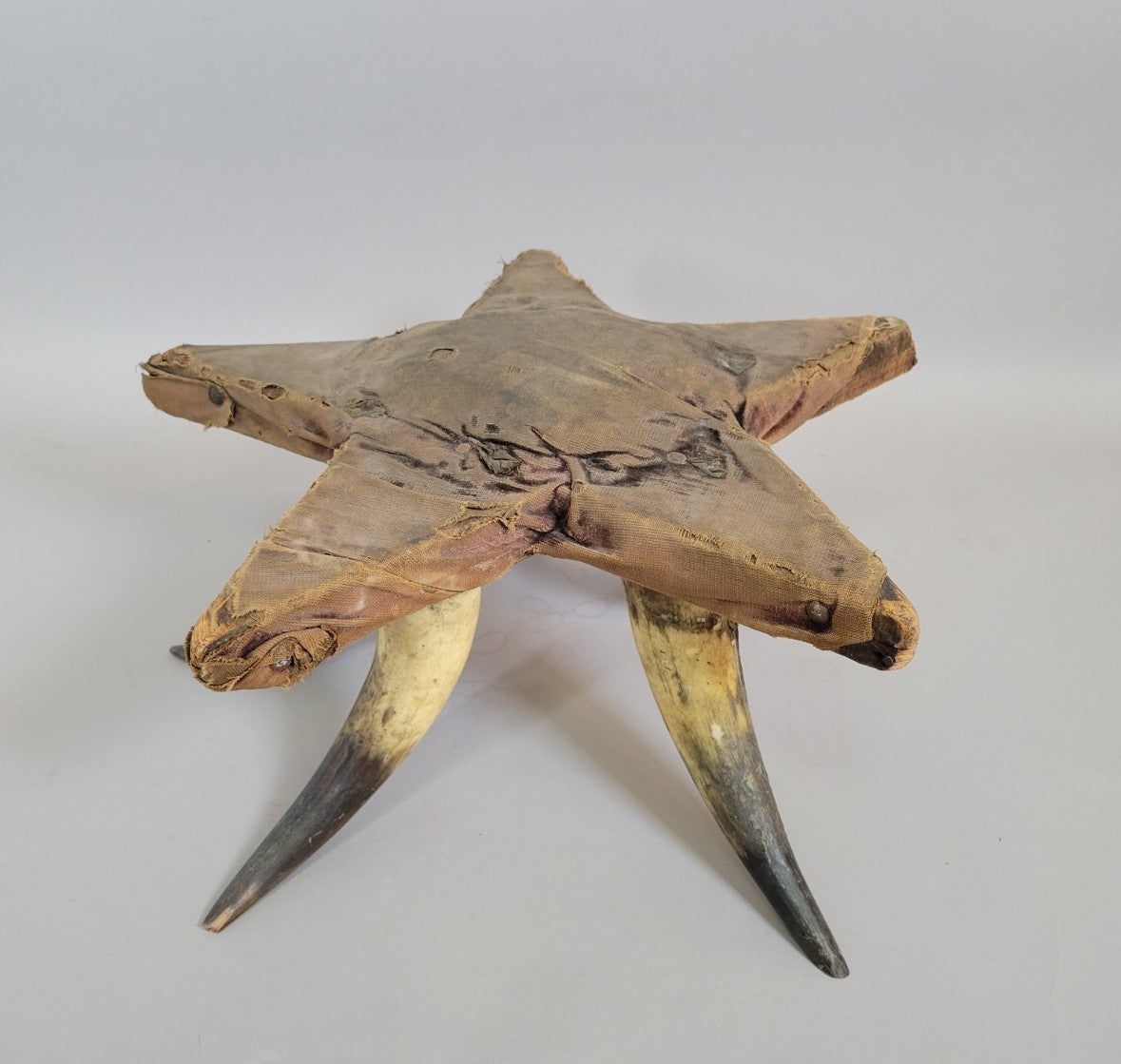 Early 20th Century American Folk Art Star Pincushion Stool with Cattle Horn Base