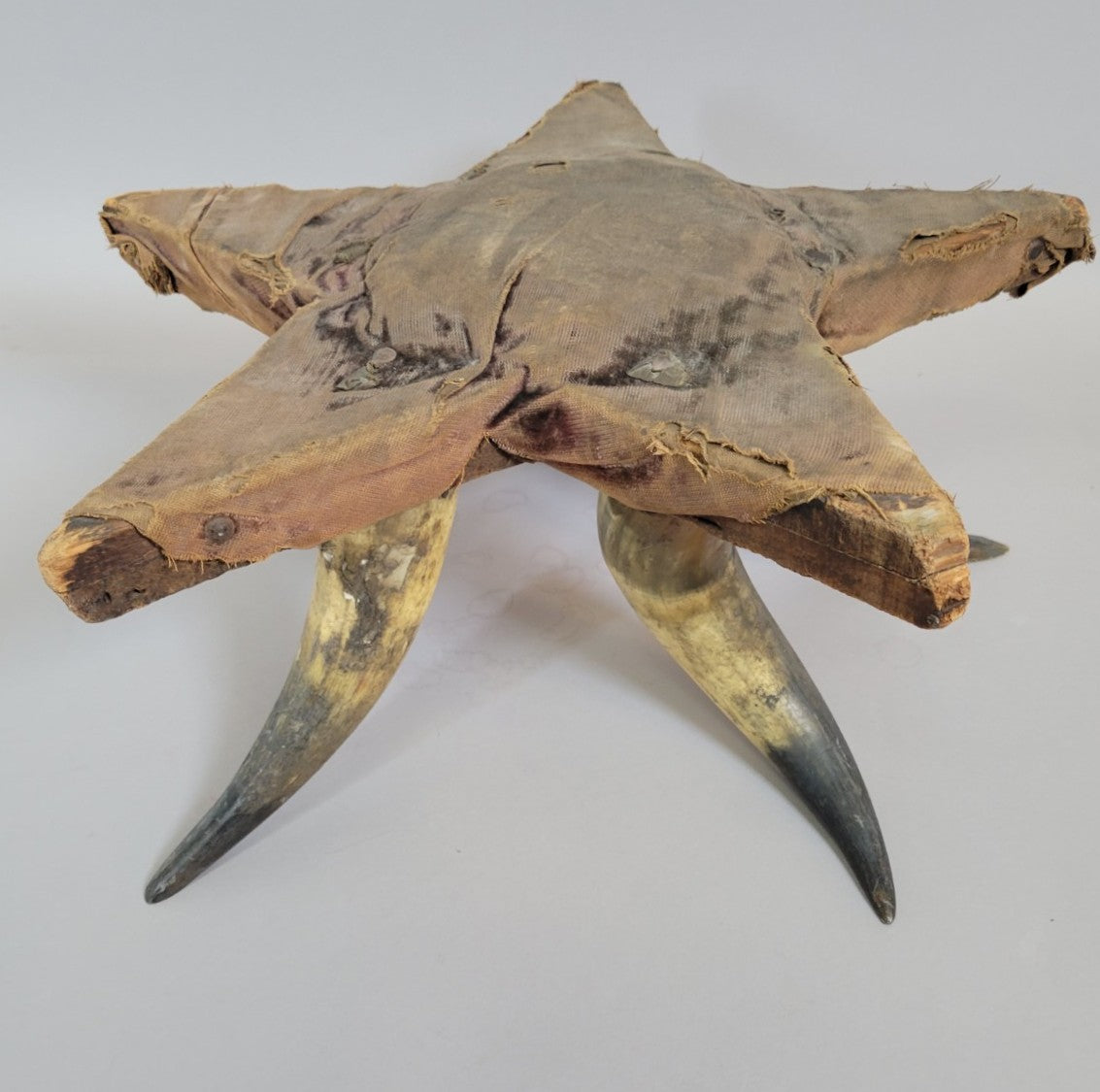 Early 20th Century American Folk Art Star Pincushion Stool with Cattle Horn Base