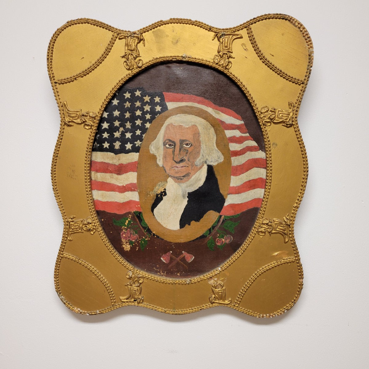 SOLD - Late 19th Century American Folk Art George Washington Portrait with Flag