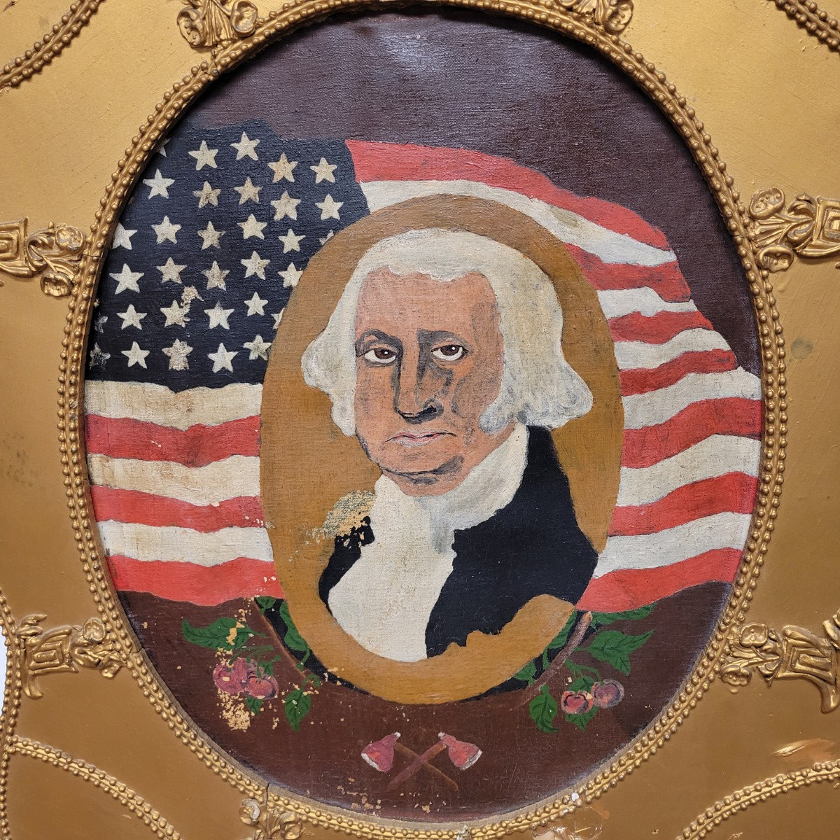 SOLD - Late 19th Century American Folk Art George Washington Portrait with Flag