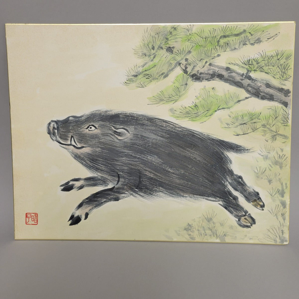 1960s Japanese Sumi Ink Painting of a Running Boar