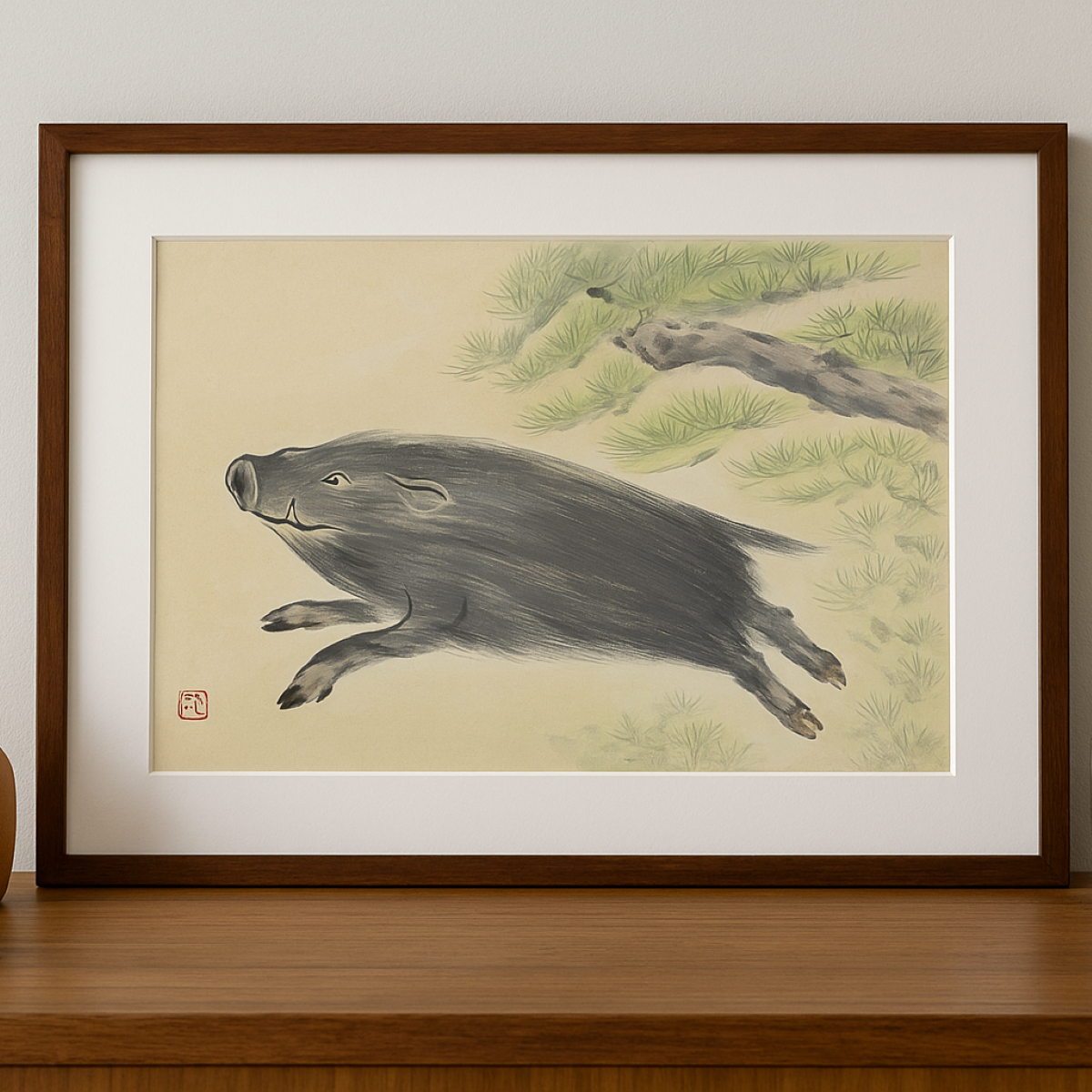 1960s Japanese Sumi Ink Painting of a Running Boar