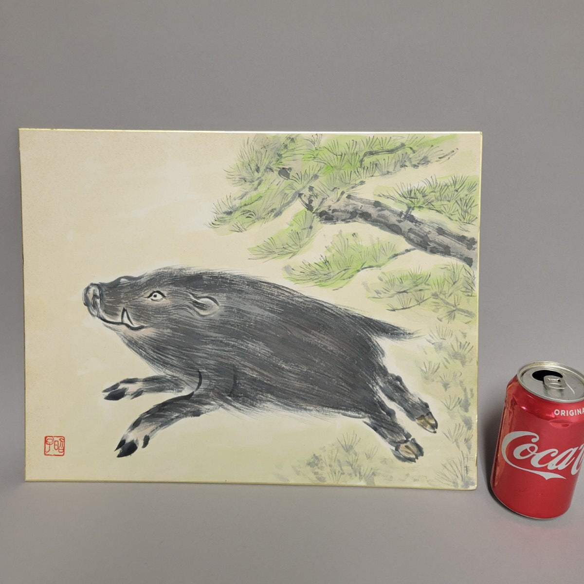 1960s Japanese Sumi Ink Painting of a Running Boar