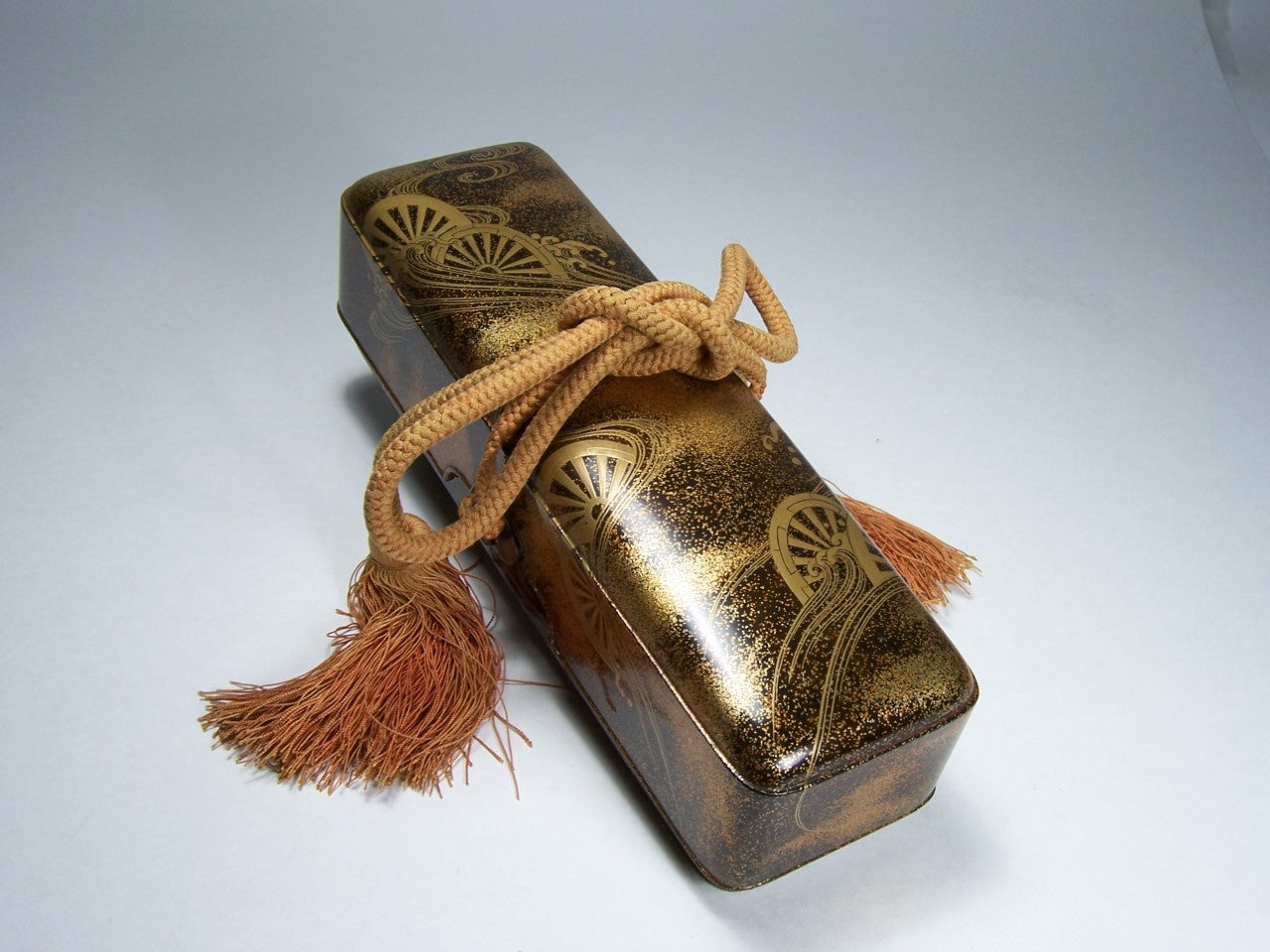 Antique Japanese Edo Period Lacquer Fubako Document Box with Maki-e Wheel Motif, Circa 1800–1850