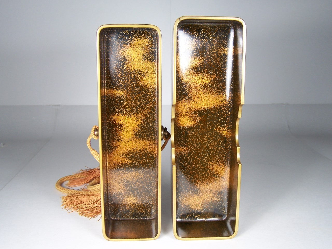 Antique Japanese Edo Period Lacquer Fubako Document Box with Maki-e Wheel Motif, Circa 1800–1850