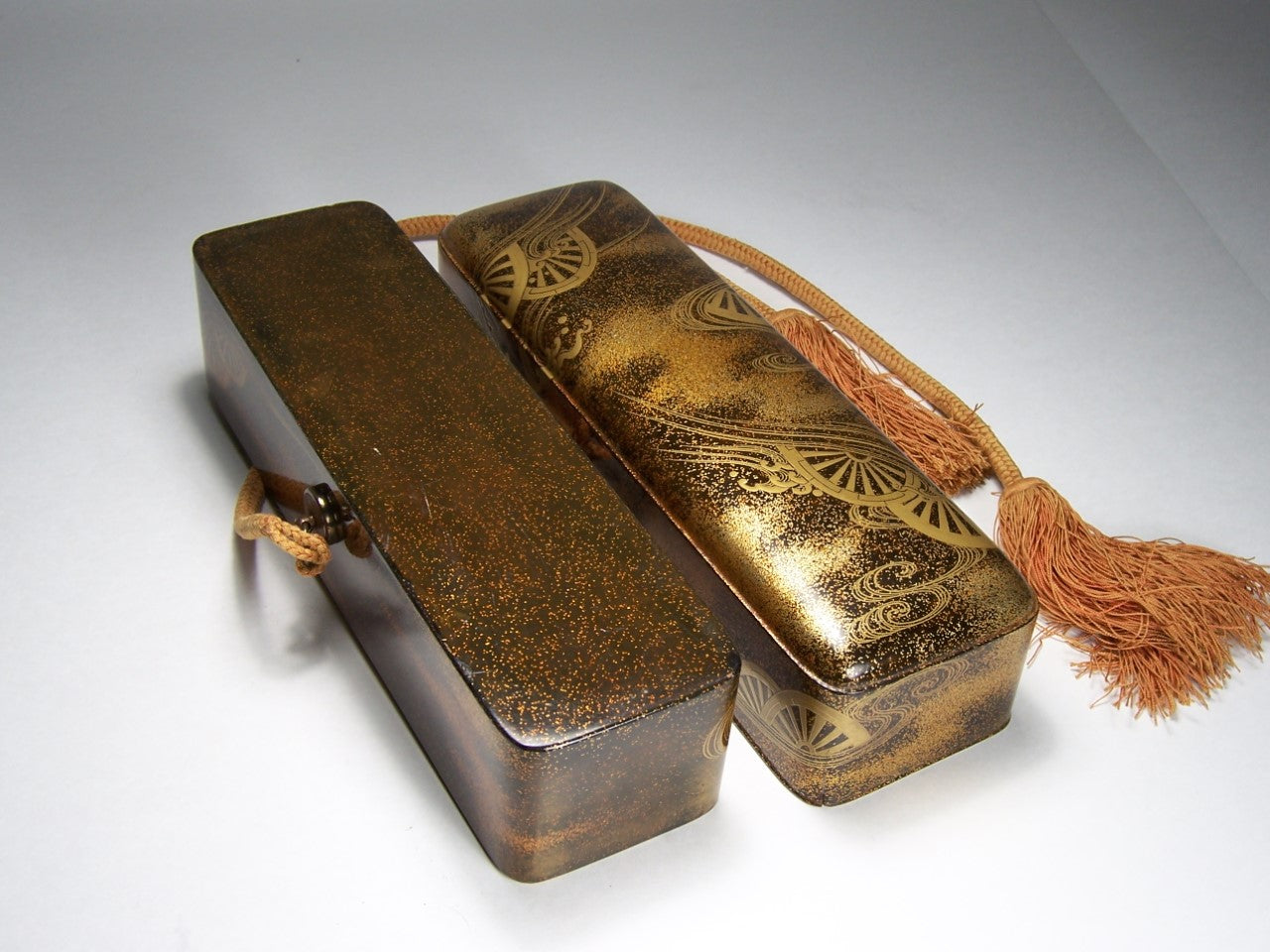 Antique Japanese Edo Period Lacquer Fubako Document Box with Maki-e Wheel Motif, Circa 1800–1850