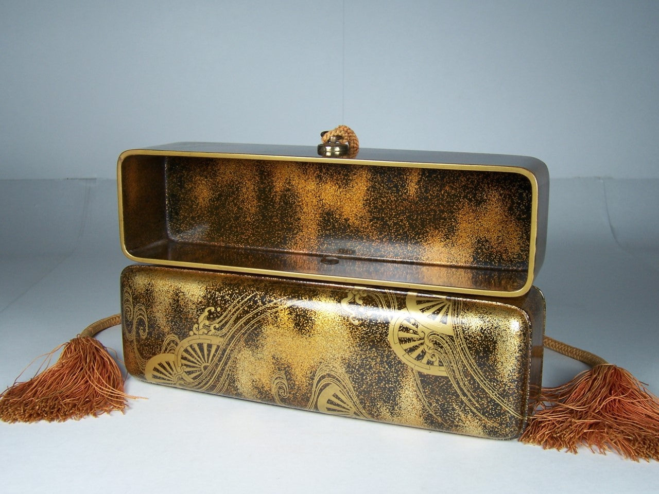 Antique Japanese Edo Period Lacquer Fubako Document Box with Maki-e Wheel Motif, Circa 1800–1850