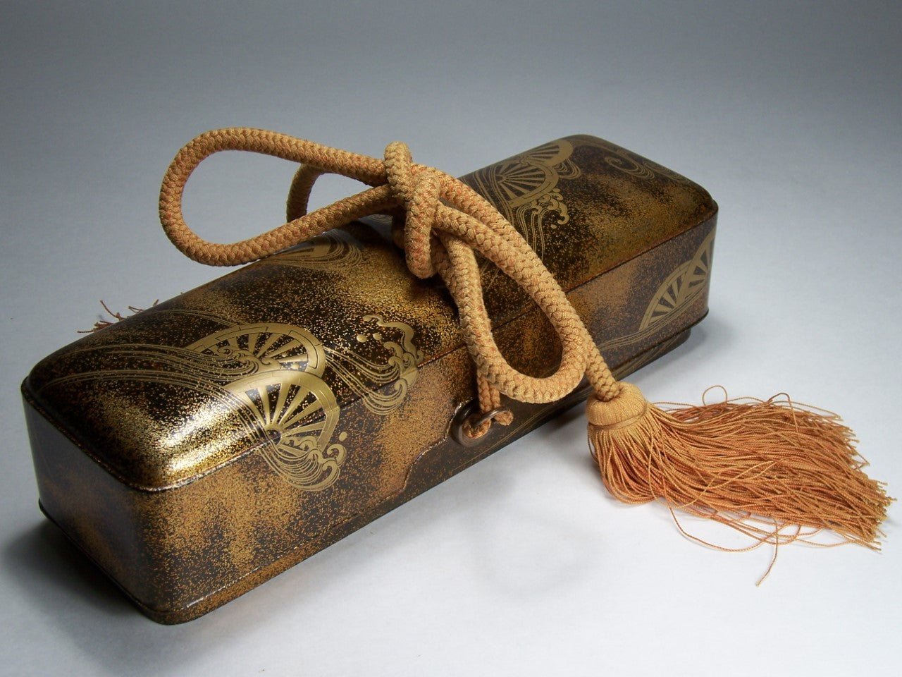 Antique Japanese Edo Period Lacquer Fubako Document Box with Maki-e Wheel Motif, Circa 1800–1850