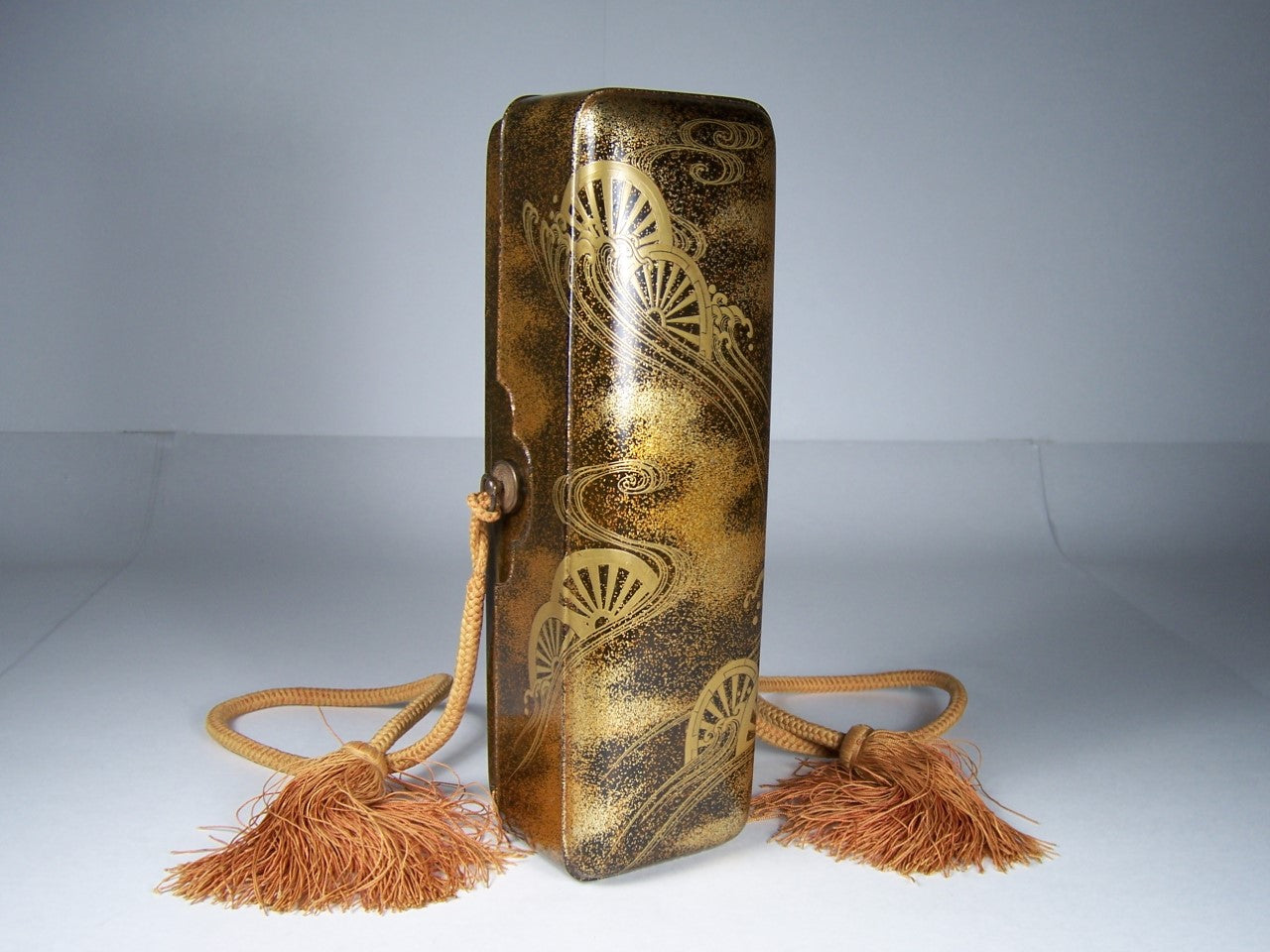 Antique Japanese Edo Period Lacquer Fubako Document Box with Maki-e Wheel Motif, Circa 1800–1850